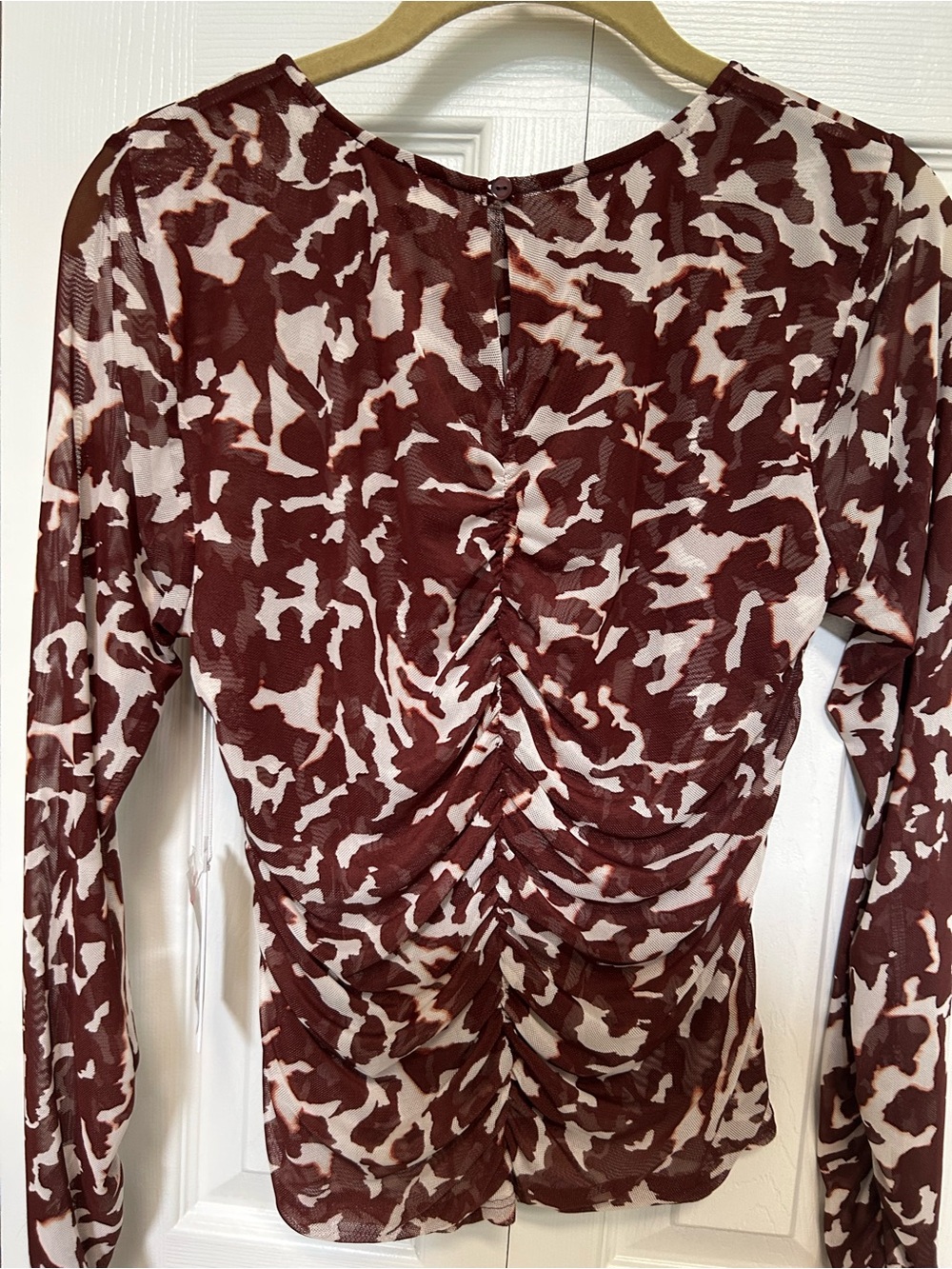 Ruched Mesh Long Sleeve Top in Brown & Cream